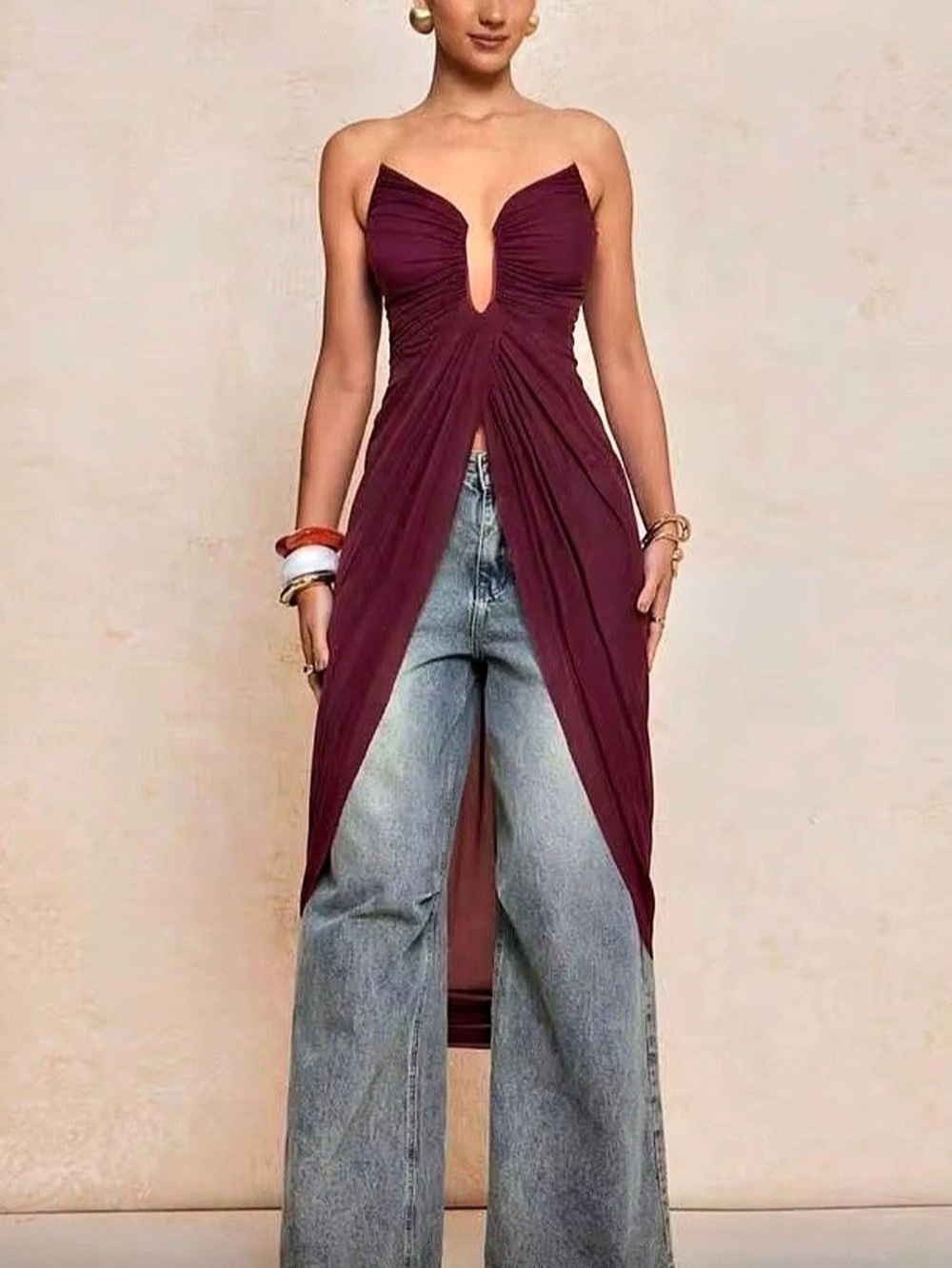 Ruched Plunge Burgundy